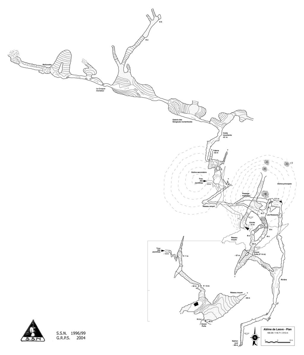 Survey plan of Abîme de Lesve showing galleries, pits, and passages